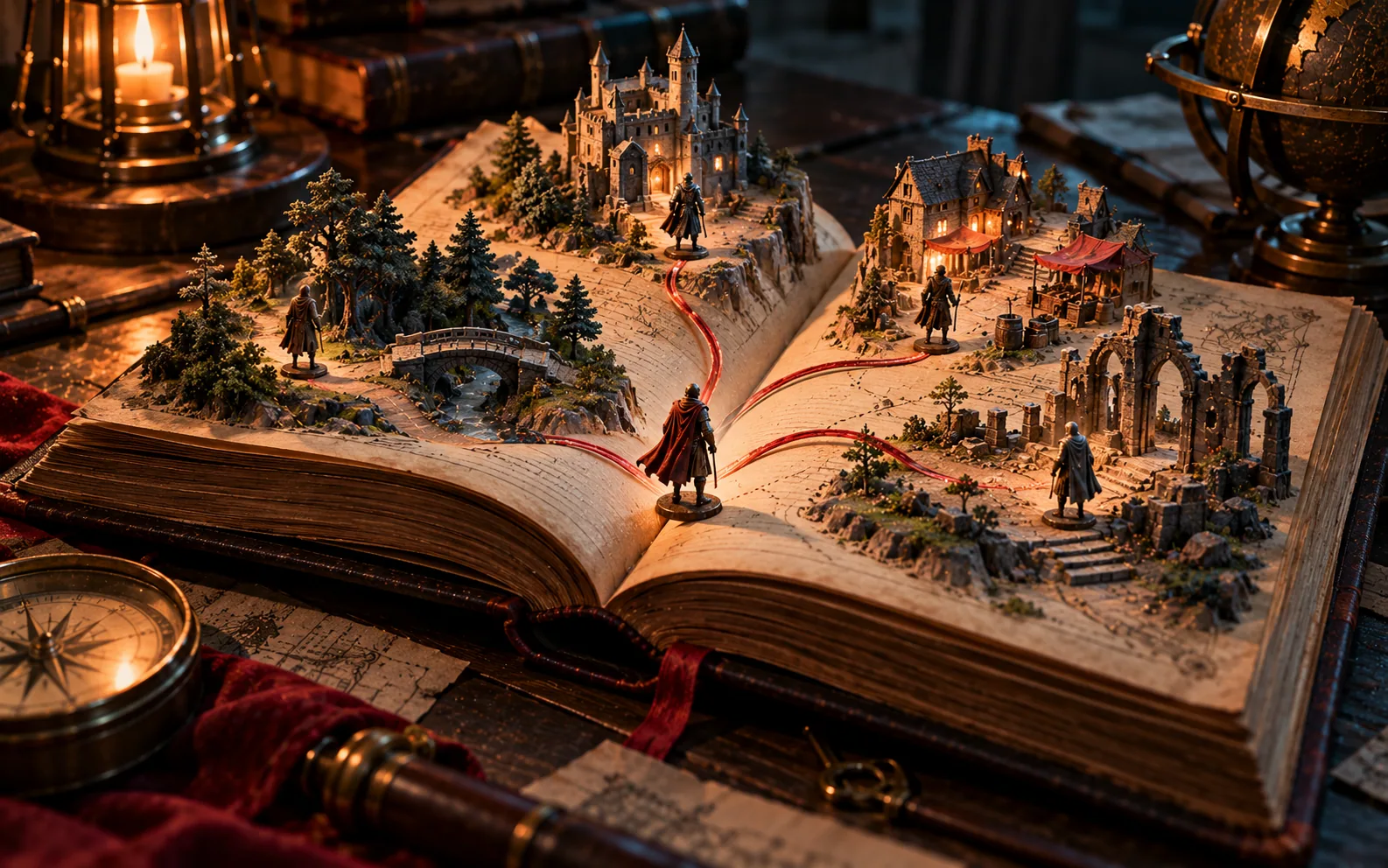 An open storybook with branching miniature scenes representing different possibilities for interactive game storytelling.