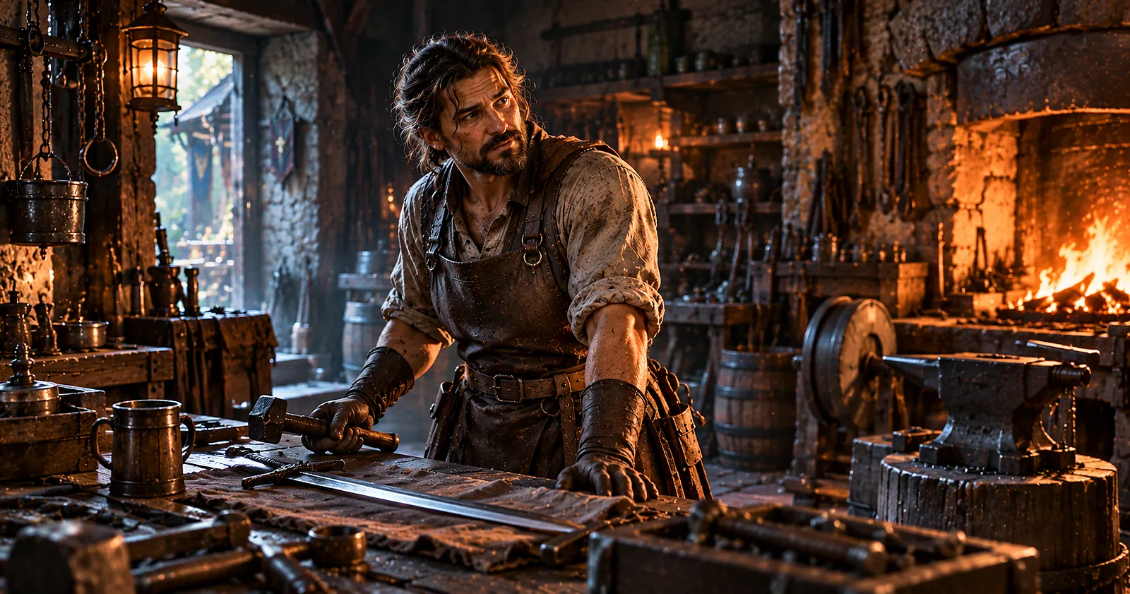 A blacksmith in a fantasy game workshop, illustrating conversational interactions with an NPC.