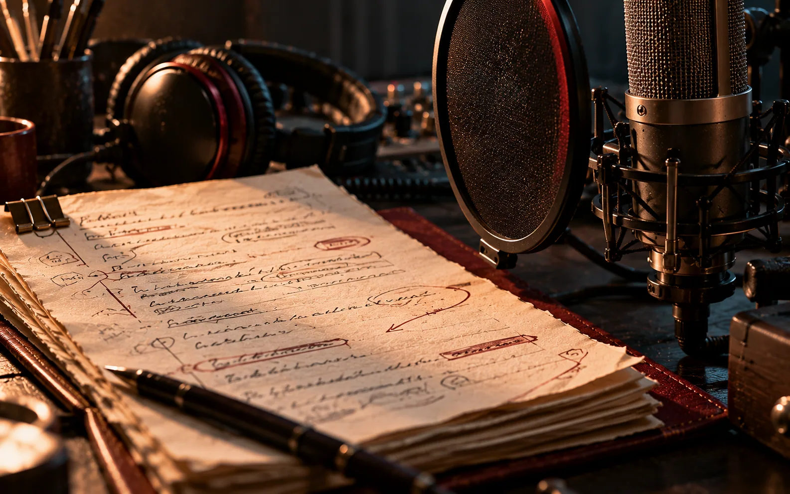 A recording script and studio microphone representing the expressive work involved in video game voice acting.