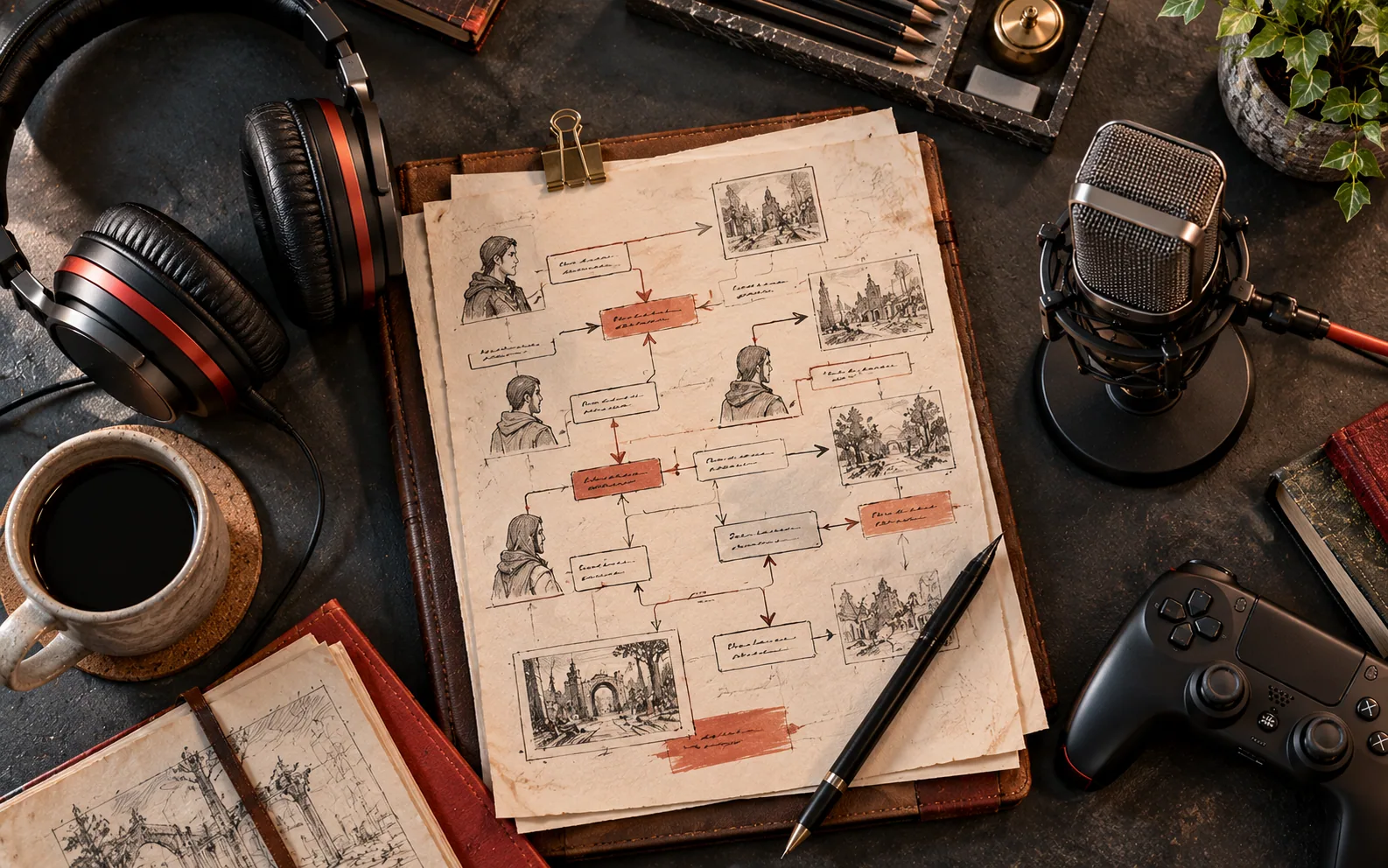 A microphone, headphones, controller, and dialogue planning notes representing AI voice technology development for games.