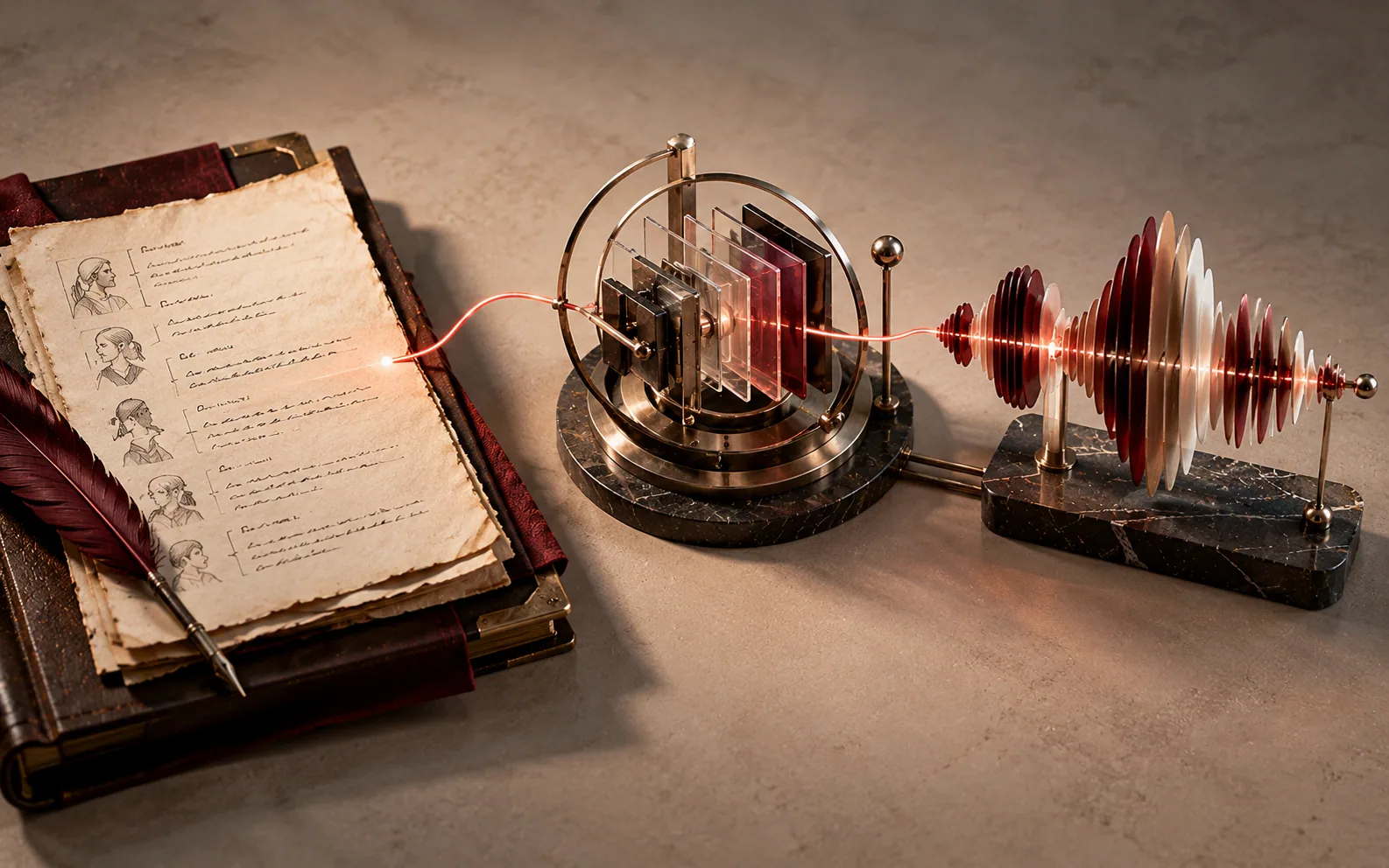 An editorial illustration representing the process of turning written game dialogue into synthetic speech.