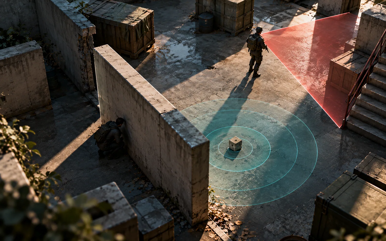 A game enemy's visual detection cone and sound radius demonstrate how perception systems identify possible player locations.