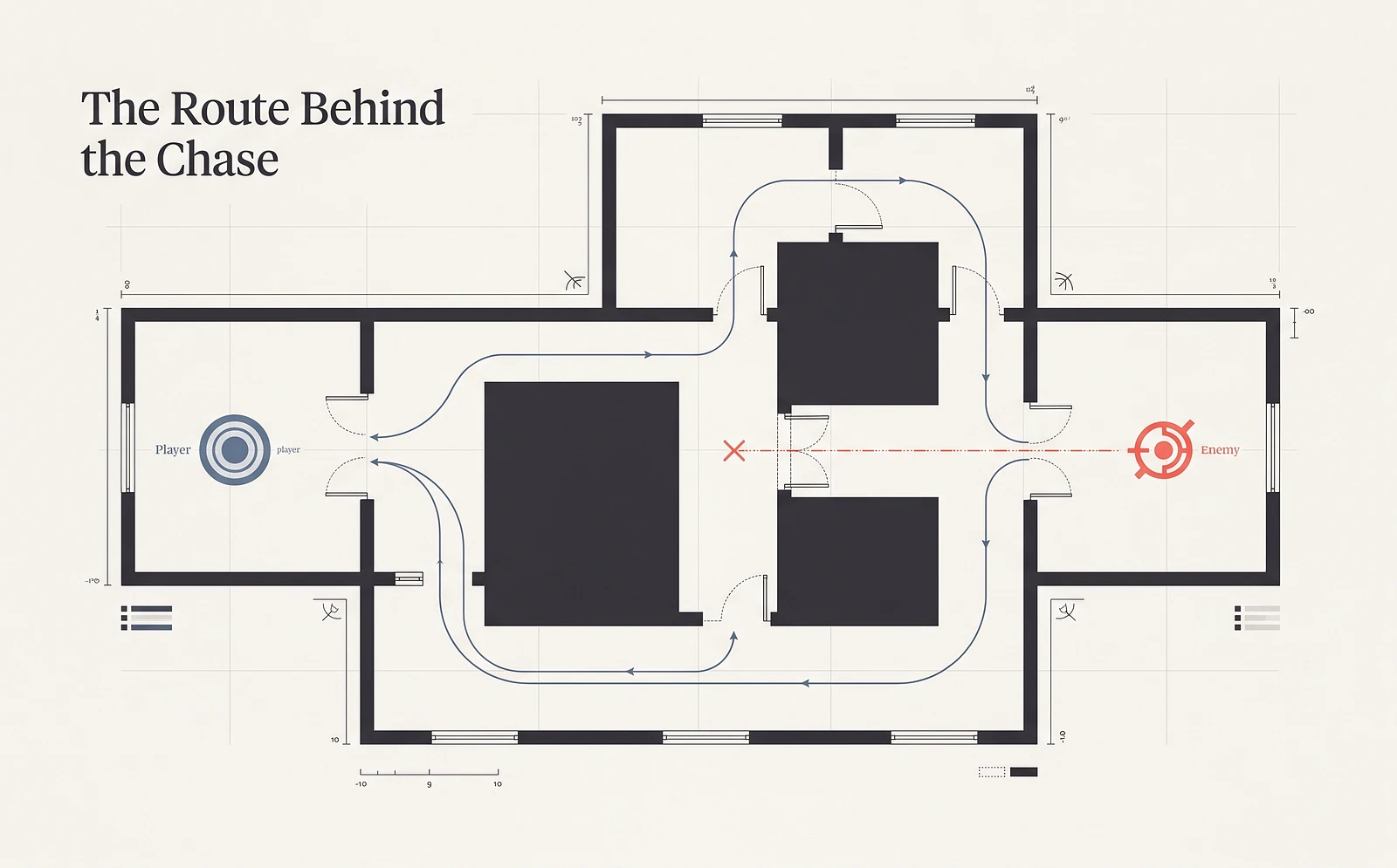 A top-down level diagram showing how an enemy navigation system calculates a valid route around walls toward the player.